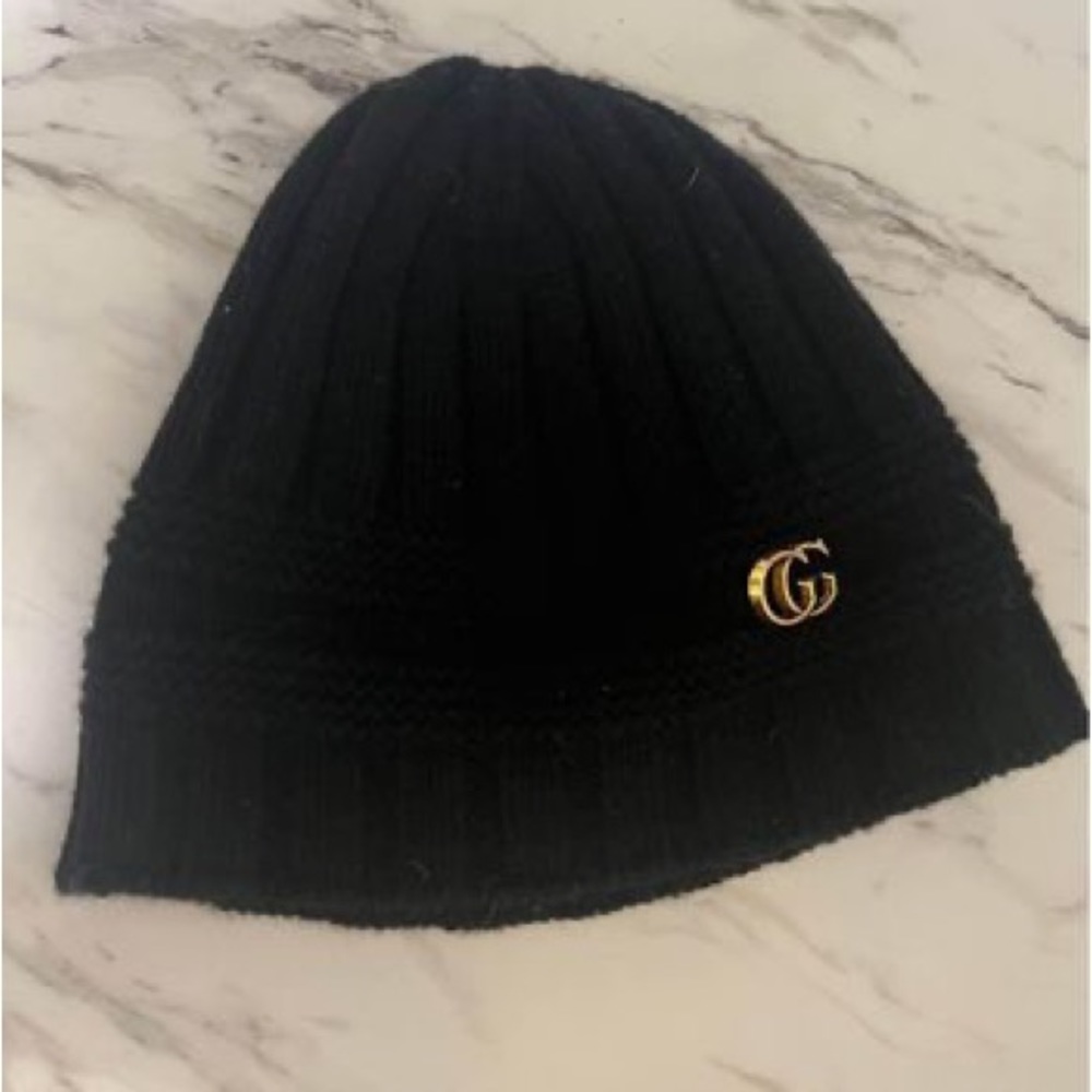 Gucci Black Knit Hat with Gold Logo